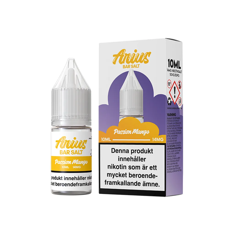 Arius Bar Salt Passion Mango flaska bredvid originalförpackning