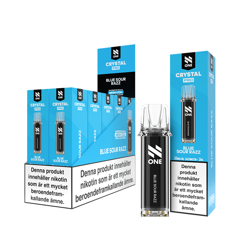 N One Crystal PRO Pod Blue Sour Razz 10-Pack förfyllda vape pods, 2 ml e-vätska och 20 mg nikotin, kompatibla med N One Crystal PRO batterier