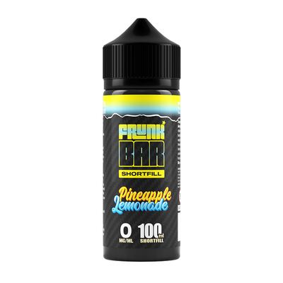Svart, gul och blå flaska. På flaskan står det frunk bar shortfill pineapple lemonade 0 mg/ml 100ml shortfill