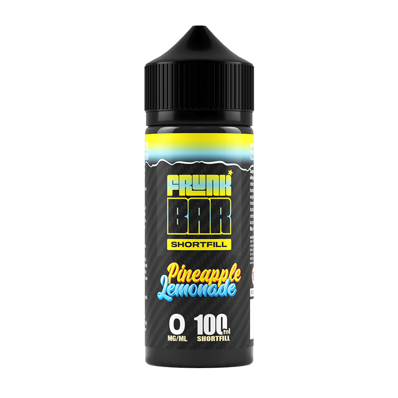 Svart, gul och blå flaska. På flaskan står det frunk bar shortfill pineapple lemonade 0 mg/ml 100ml shortfill