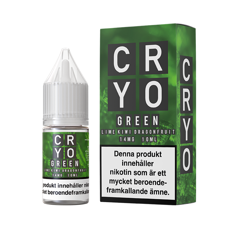 På bilden syns en flaska och låda. båda är gröna och på dom står det Cryo green lime kiwi dragonfruit 14mg 10ml