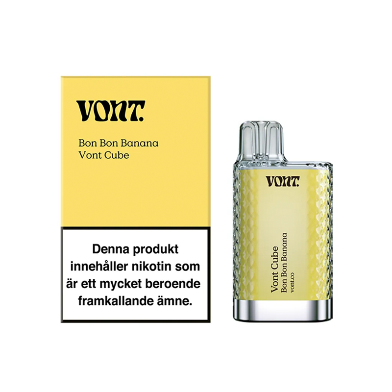 Förpackning och engångsvape Vont Cube bon bon banan med varningstext om nikotin och märkning 20 mg/ml.
