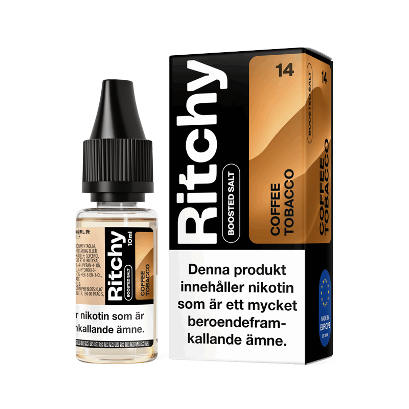 Ritchy Salt Coffee Tobacco 10ml Nic Salt flaska bredvid originalförpackning
