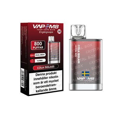 VapeM8 Crystal Box Dual Mesh Cola Isglass Engångs Vape bredvid originalförpackning