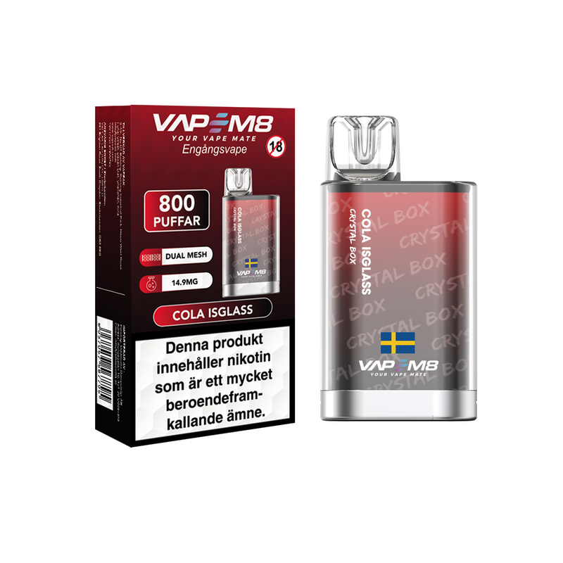 VapeM8 Crystal Box Dual Mesh Cola Isglass Engångs Vape bredvid originalförpackning