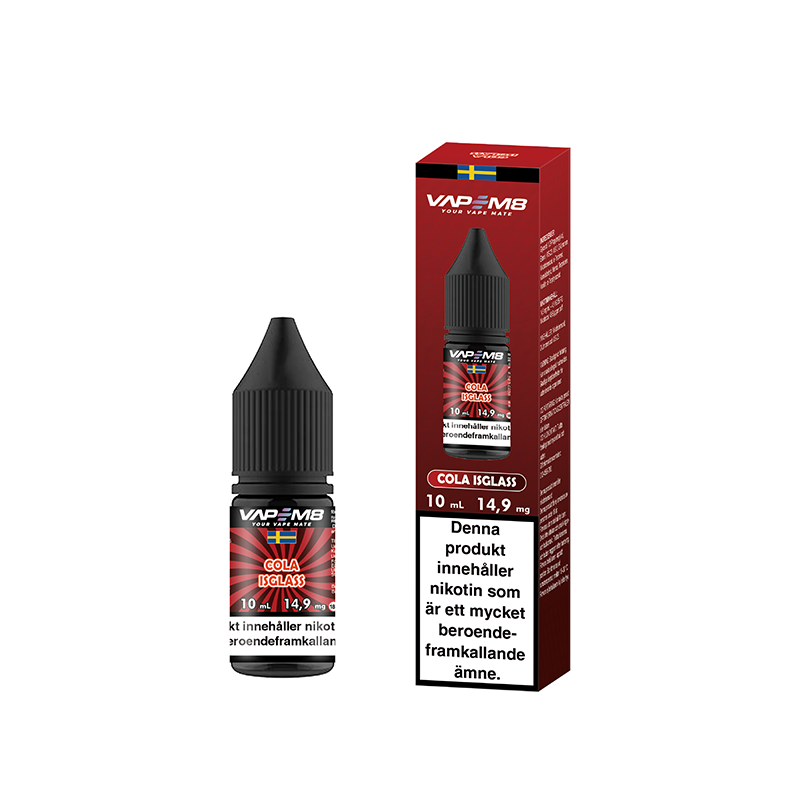VapeM8 Salt Cola Isglass 10ml Nic Salt flaska bredvid originalförpackning