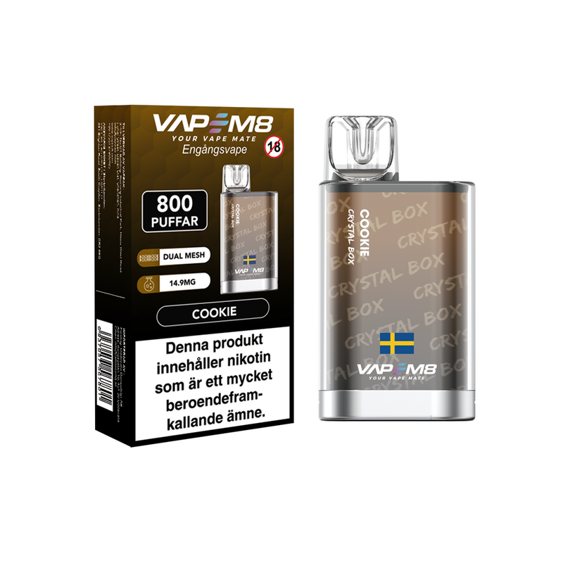 VapeM8 Crystal Box Dual Mesh Engångs Vape Cookie engångsvape bredvid originalförpackning mot vit bakgrund.