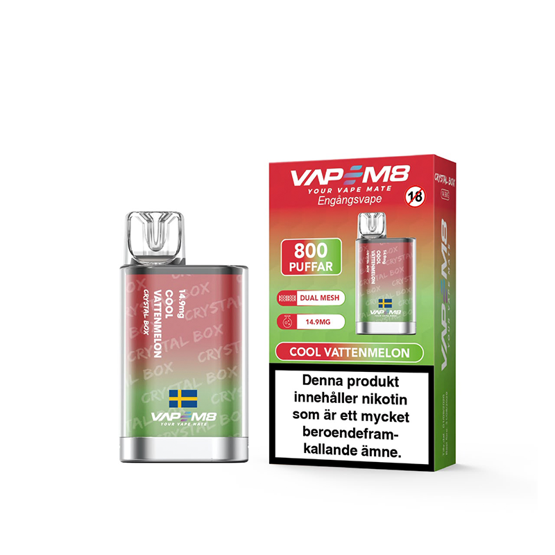 VapeM8 Crystal Box Dual Mesh Cool Vattenmelon Engångs Vape bredvid originalförpackning
