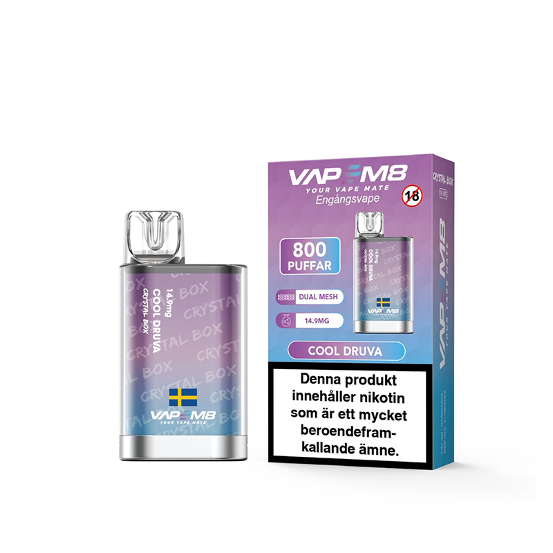 VapeM8 Crystal Box Dual Mesh Cool Druva Engångs Vape bredvid originalförpackning
