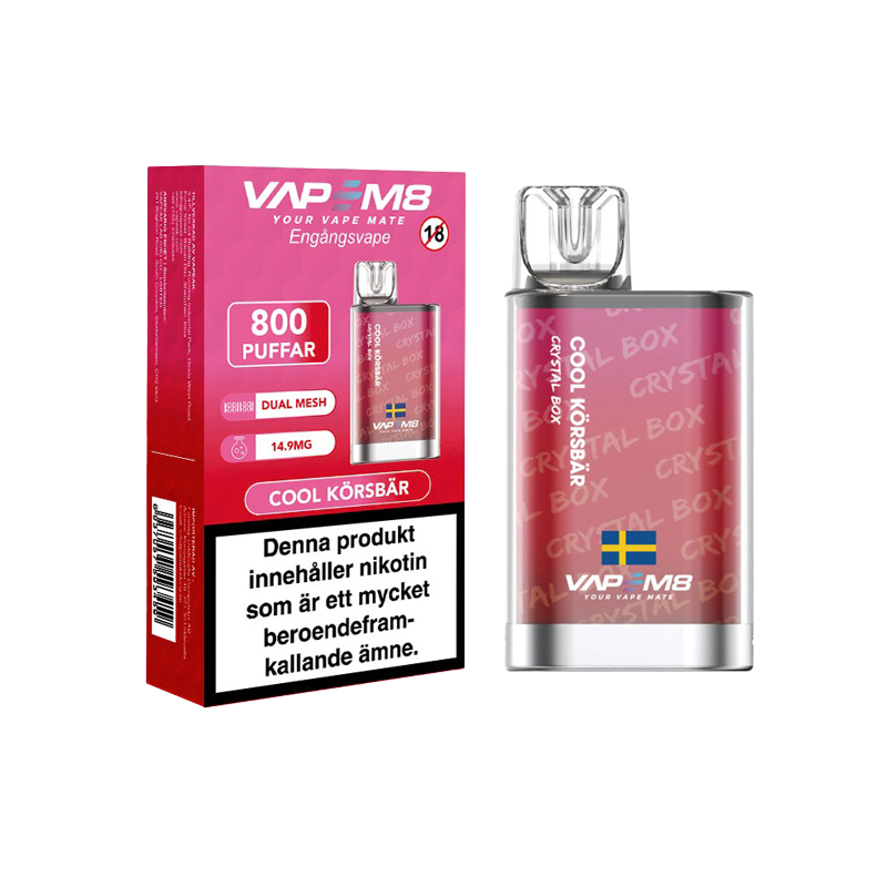 VapeM8 Crystal Box Dual Mesh Engångs Vape Cool Körsbär engångsvape bredvid originalförpackning mot vit bakgrund