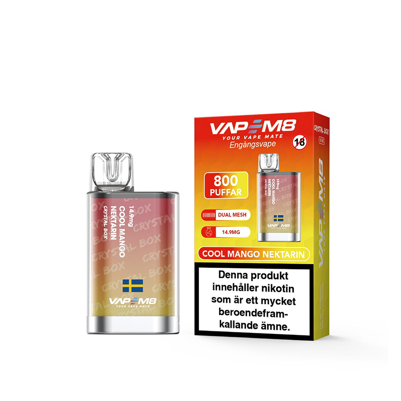 VapeM8 Crystal Box Dual Mesh Cool Mango Nektarin Engångs Vape bredvid originalförpackning