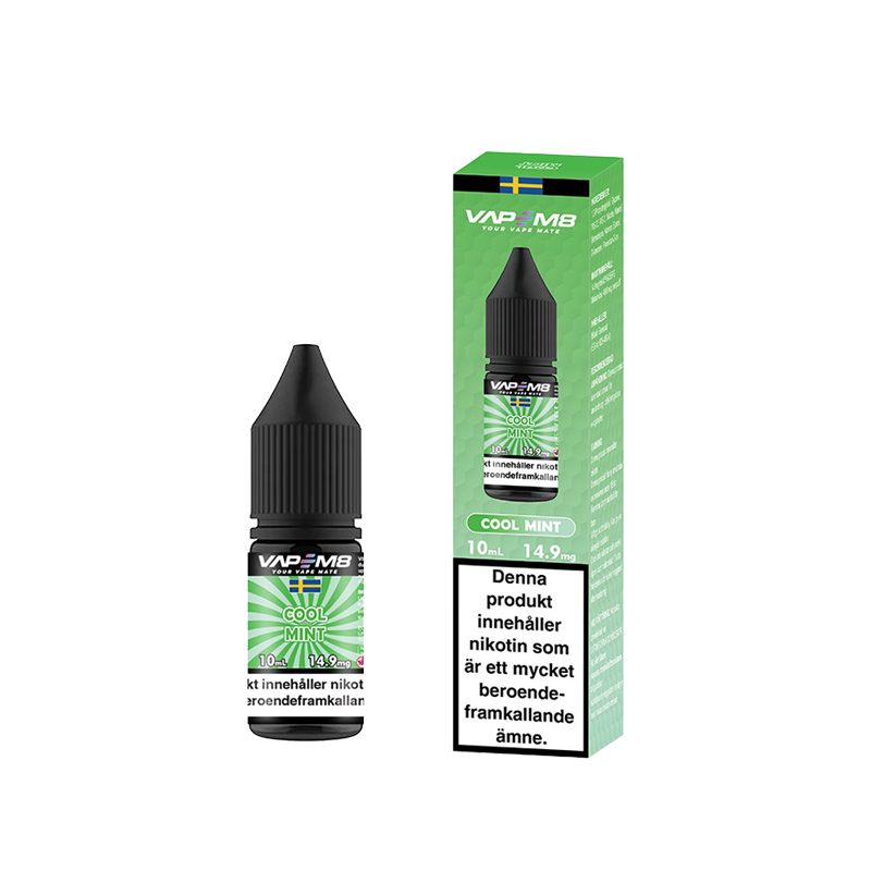 VapeM8 Salt Cool Mint 10ml Nic Salt flaska bredvid originalförpackning