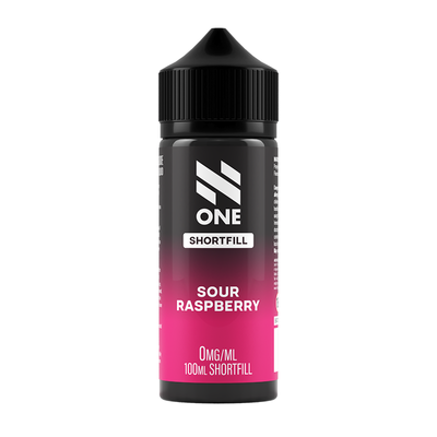 Svart och rosa flaska. På flaskan står det N One Shortfill strawberry raspberry 0mg/ml 100ml shortfill