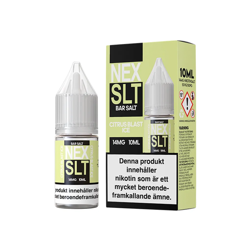 NEX SLT Citrus Blast Ice originalflaska till vänster om originalförpackning mot vit bakgrund