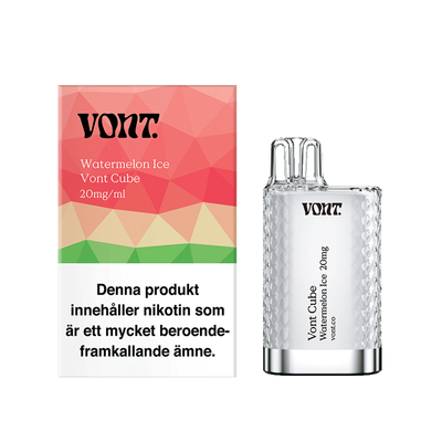 Vont Cube Engångs Vape Watermelon Ice bredvid originalförpackning mot vit bakgrund