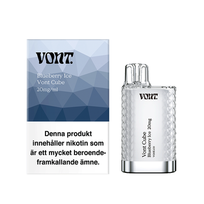 Vont Cube Engångs Vape Blueberry Ice bredvid originalförpackning mot vit bakgrund