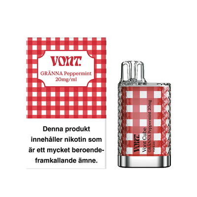 Vont Cube Gränna Peppermint Engångs Vape bredvid originalförpackning