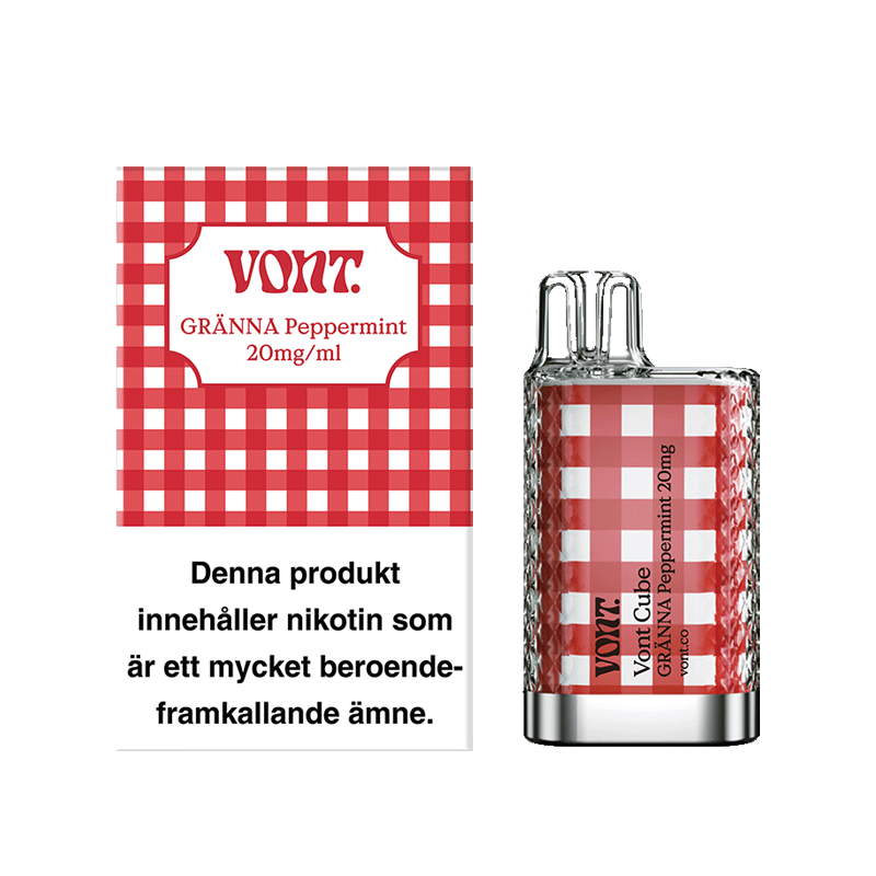 Vont Cube Gränna Peppermint Engångs Vape bredvid originalförpackning