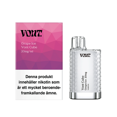 Vont Cube Engångs Vape Grape Ice Engångsvape bredvid originalförpackning mot vit bakgrund