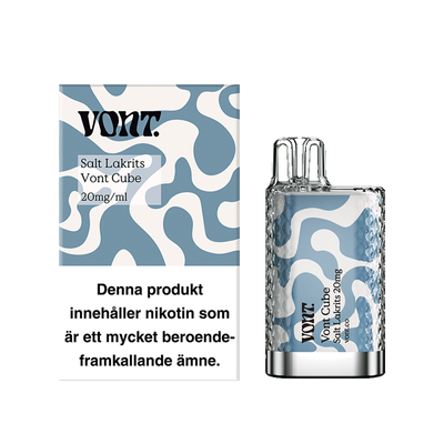 Vont Cube Salt Lakrits Engångs Vape bredvid originalförpackning