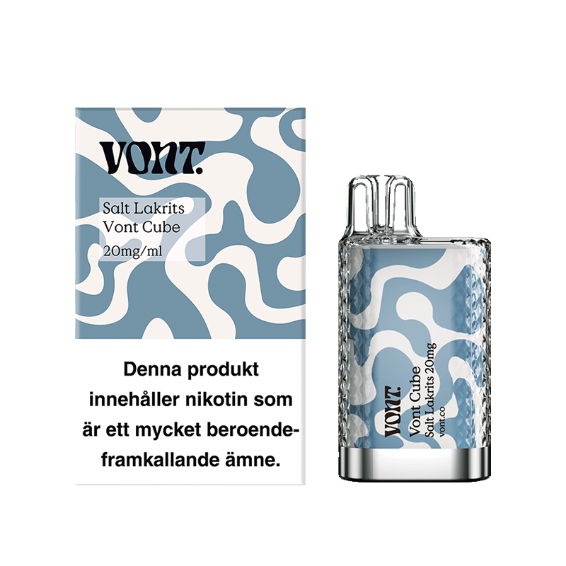 Vont Cube Salt Lakrits Engångs Vape bredvid originalförpackning