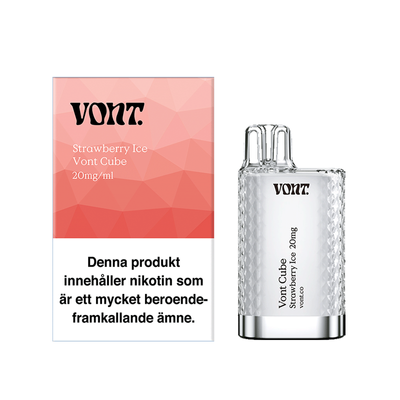 Vont Cube Engångs Vape Strawberry Ice bredvid originalförpackning mot vit bakgrund