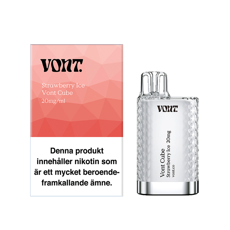 Vont Cube Engångs Vape Strawberry Ice bredvid originalförpackning mot vit bakgrund