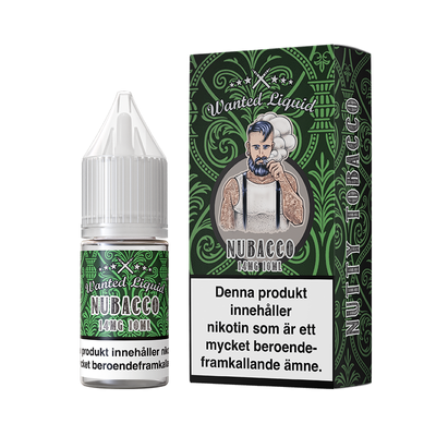 På bilden syns en flaska och låda. Lådan har ett motiv utav en tatuerad man som röker. Båda flaska och låda är grön På båda flaska och låda står det wanted liquid nubacco 14mg 10ml nutty tobacco