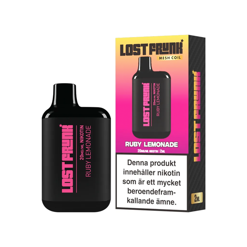 Lost Frunk Engångs Vape Ruby Lemonade bredvid originalförpackning