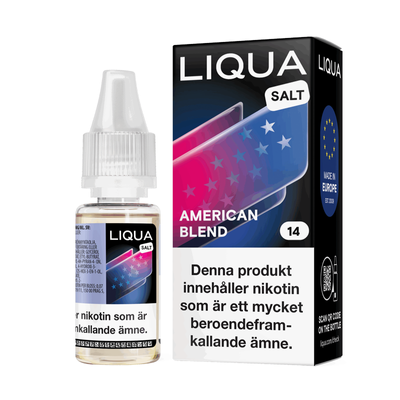 Liqua Salt American Blend 10ml Nic Salt flaska bredvid originalförpackning