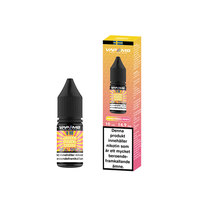 VapeM8 Salt Ananas Persika Mango 10ml Nic Salt flaska bredvid originalförpackning