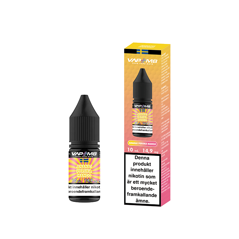 VapeM8 Salt Ananas Persika Mango 10ml Nic Salt flaska bredvid originalförpackning