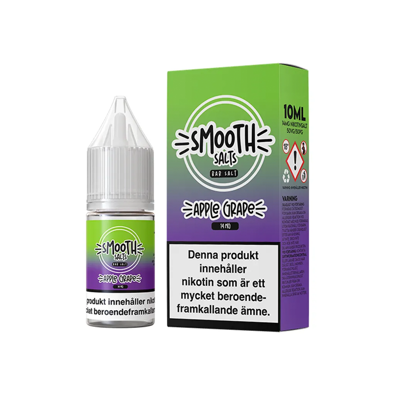 Smooth Salts Apple Grape originalflaska bredvid originalförpackning mot vit bakgrund
