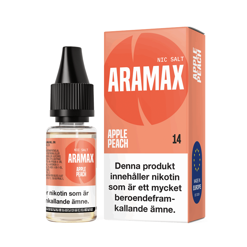 Aramax Salt Apple Peach 10ml Nic Salt flaska bredvid originalförpackning