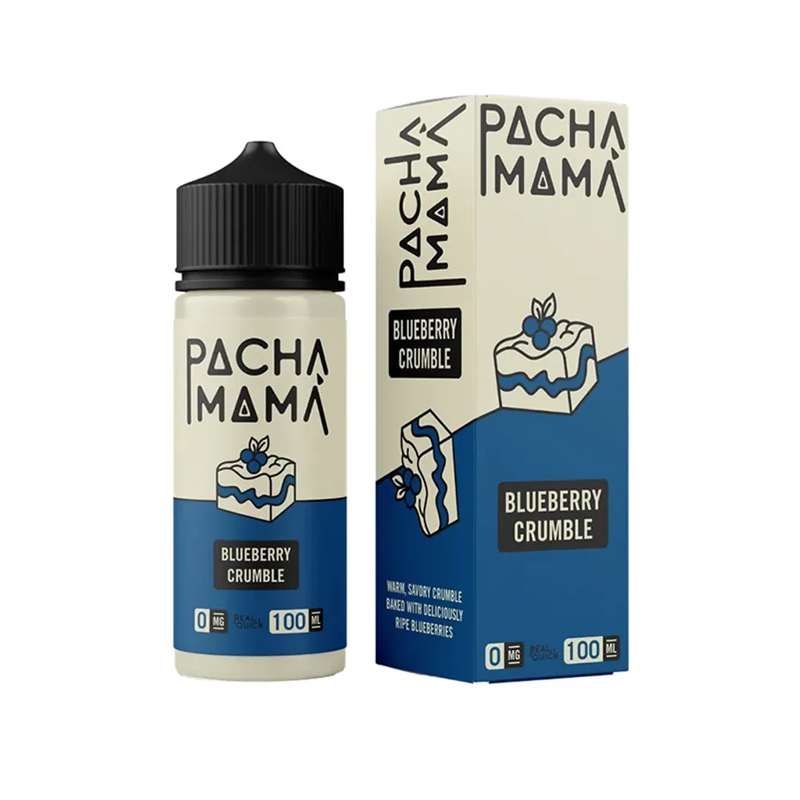 Pacha Mama Blueberry Crumble originalflaska och låda mot vit bakgrund