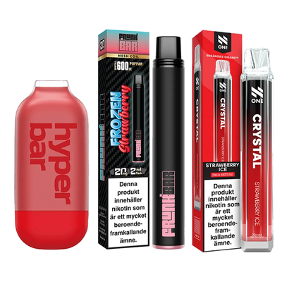 3-pack engångsvapes jordgubb – Hyper Bar Strawberry Ice, Frunk Bar Frozen Strawberry och N One Crystal Strawberry Ice 20 mg