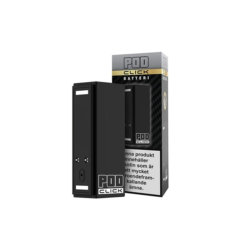 Pod Click Batteri i Svart färg framför originalförpackning