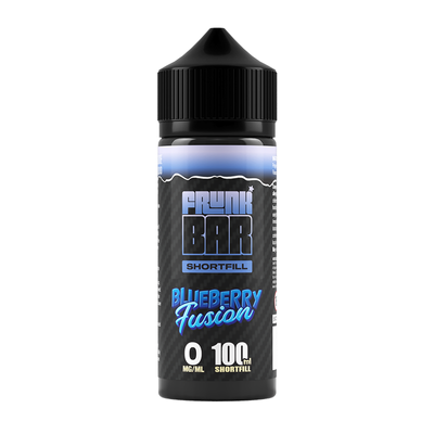 Svart, blå och lila flaska. På flaskan står det frunk bar shortfill blueberry fusion 0 mg/ml 100ml shortfill