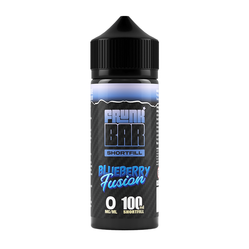 Svart, blå och lila flaska. På flaskan står det frunk bar shortfill blueberry fusion 0 mg/ml 100ml shortfill