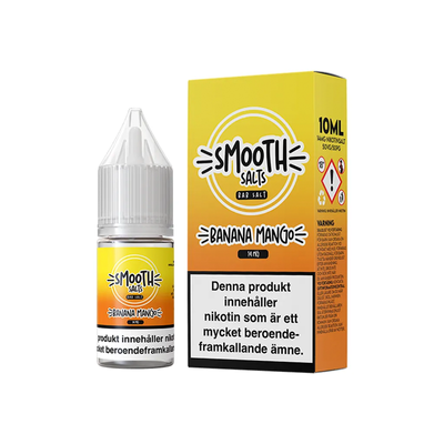 Smooth Salts Banana Mango originalflaska bredvid originalförpackning mot vit bakgrund