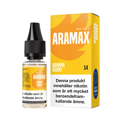 Aramax Salt Banana Berry 10ml Nic Salt flaska bredvid originalförpackning