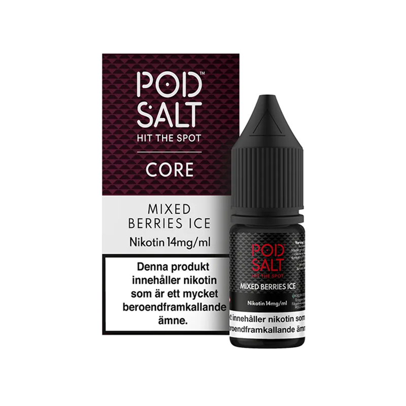 Pod Salt Mixed Berries Ice Flaska bredvid originalförpackning