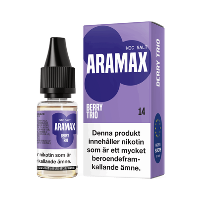 Aramax Salt Berry Trio 10ml Nic Salt flaska bredvid originalförpackning