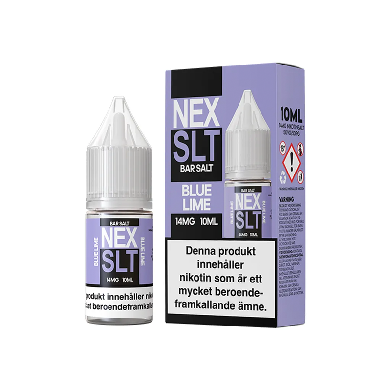 NEX SLT Blue Lime originalflaska till vänster om originalförpackning mot vit bakgrund