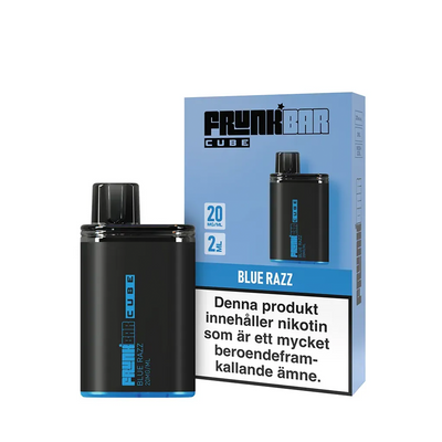 Frunk Bar Cube Blue Razz Engångs Vape bredvid originalförpackning