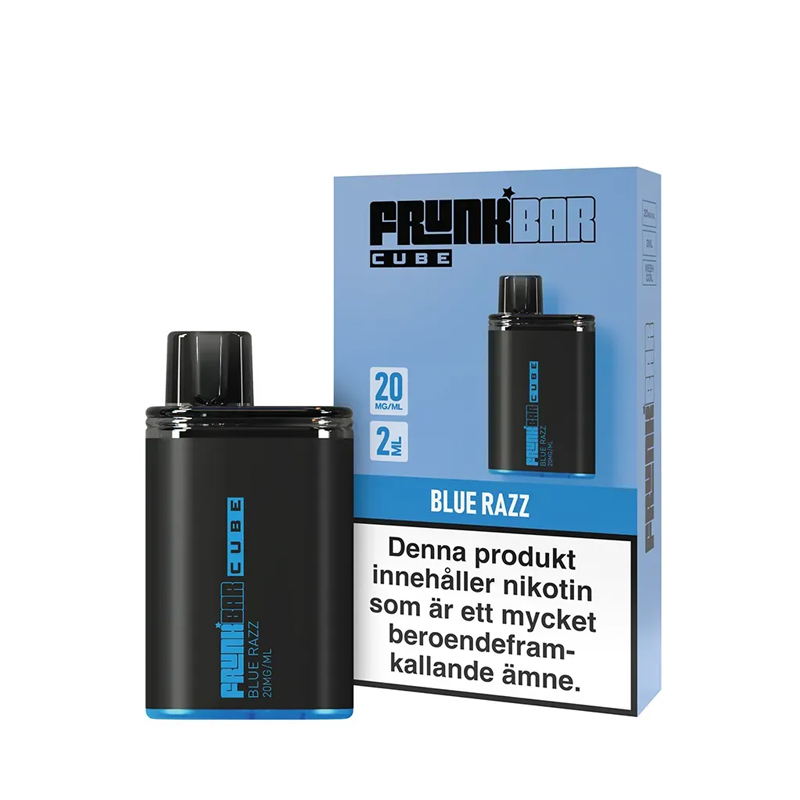 Frunk Bar Cube Blue Razz Engångs Vape bredvid originalförpackning