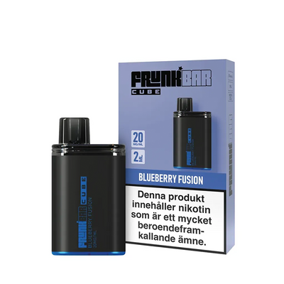 Frunk Bar Cube Blueberry Fusion Engångs Vape bredvid originalförpackning