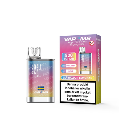 VapeM8 Crystal Box Dual Mesh Blå Hallon Lemonad Engångs Vape bredvid originalförpackning
