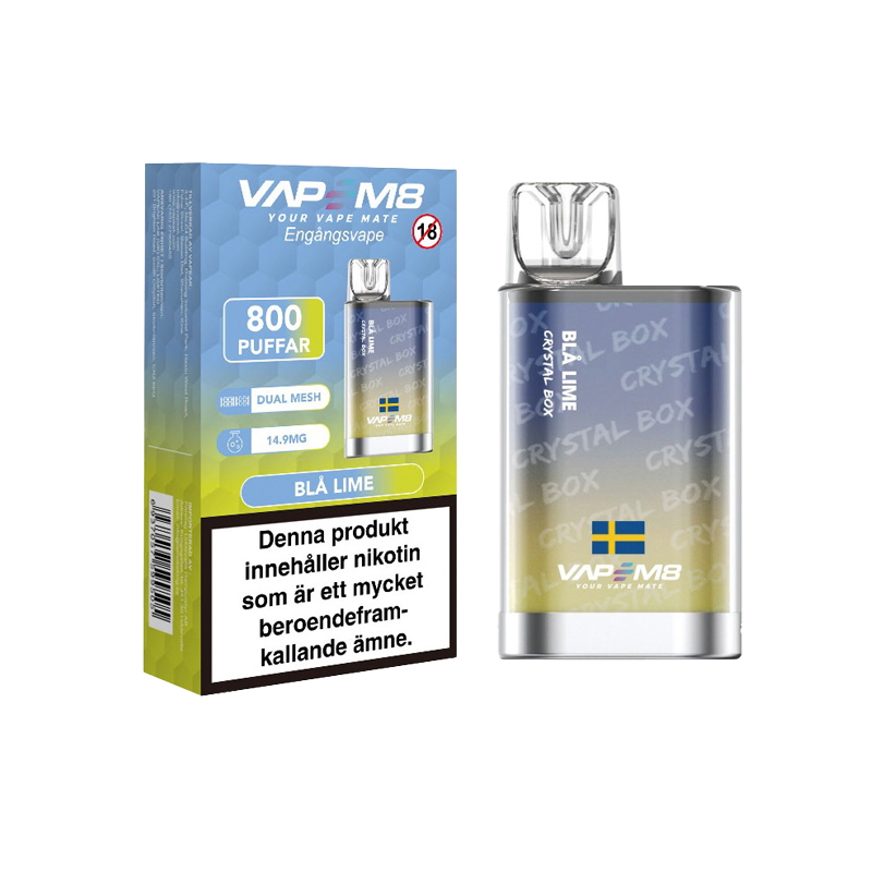 VapeM8 Crystal Box Dual Mesh Engångs Vape Blå Lime engångsvpae bredvid originalförpackning mot vit bakgrund