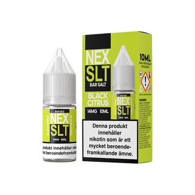 NEX SLT Black Citrus originalflaska till vänster om originalförpackning mot vit bakgrund
